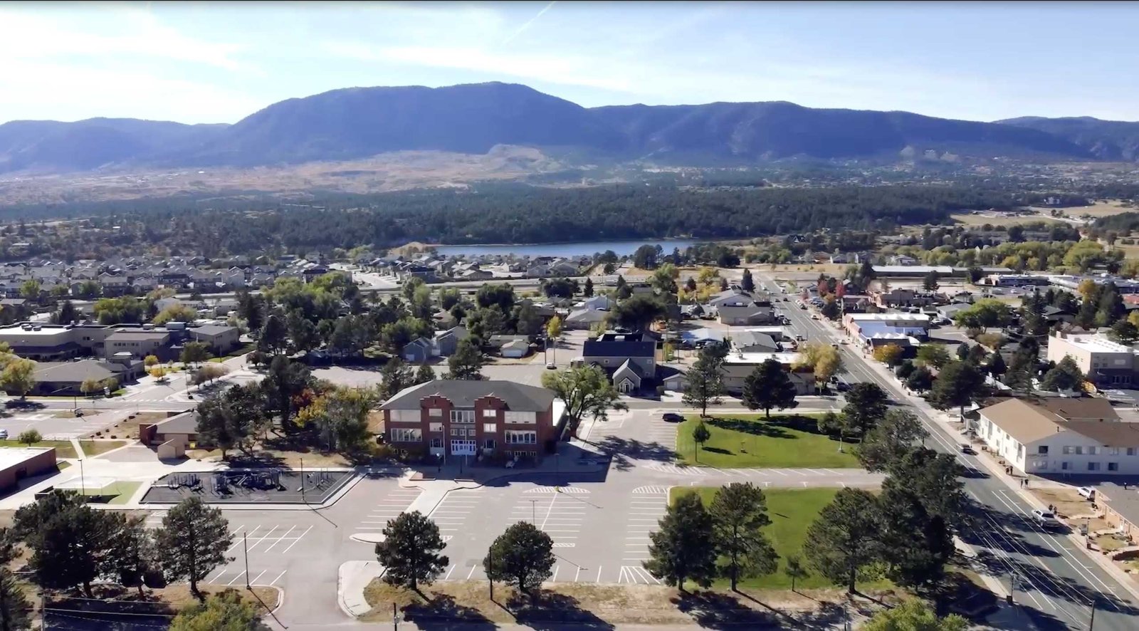 Aerial view of Monument, Colorado and Monument Lake.