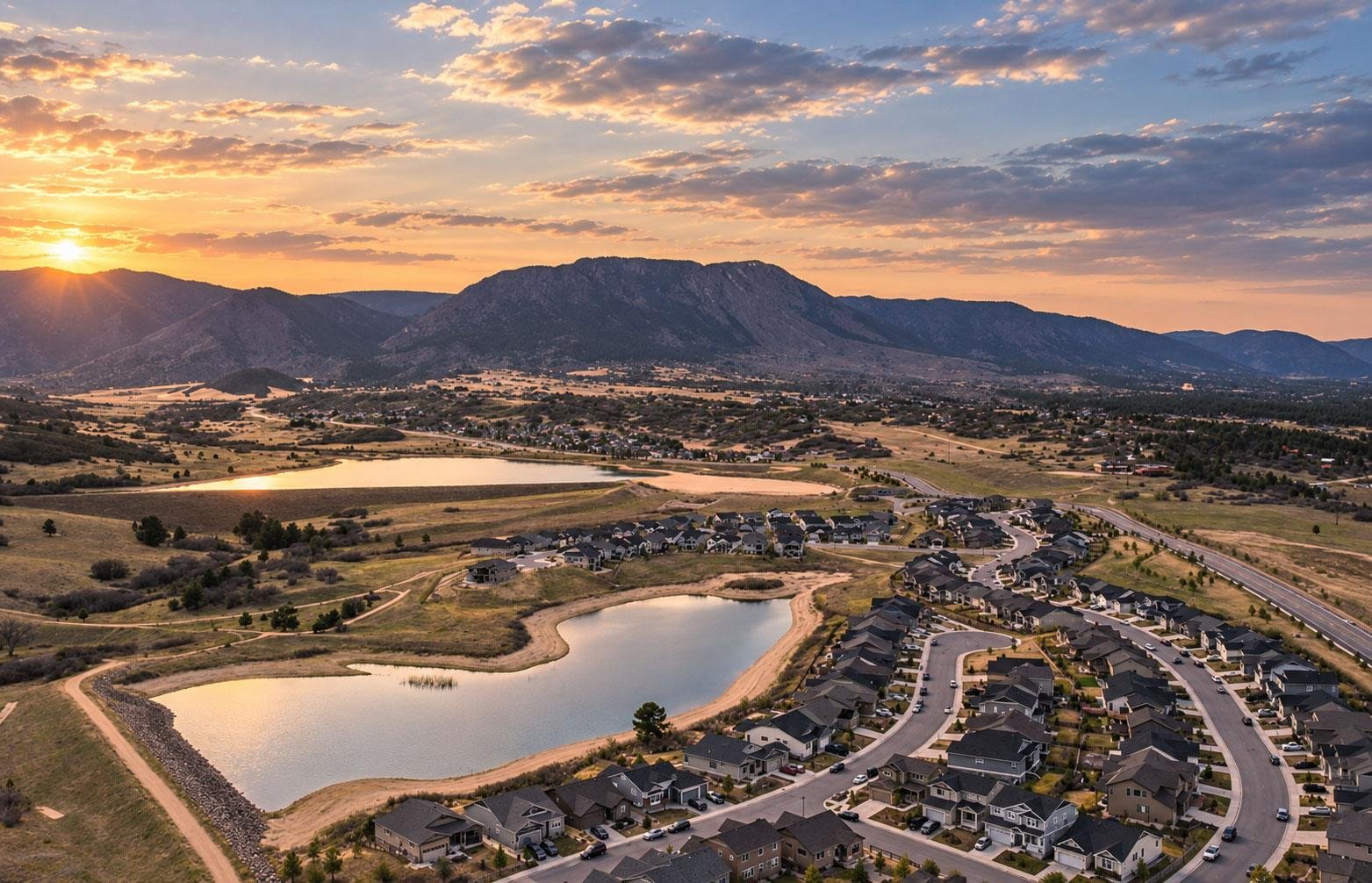 Homes and lakes below the foothills in Forest Lakes, Monument, Colorado