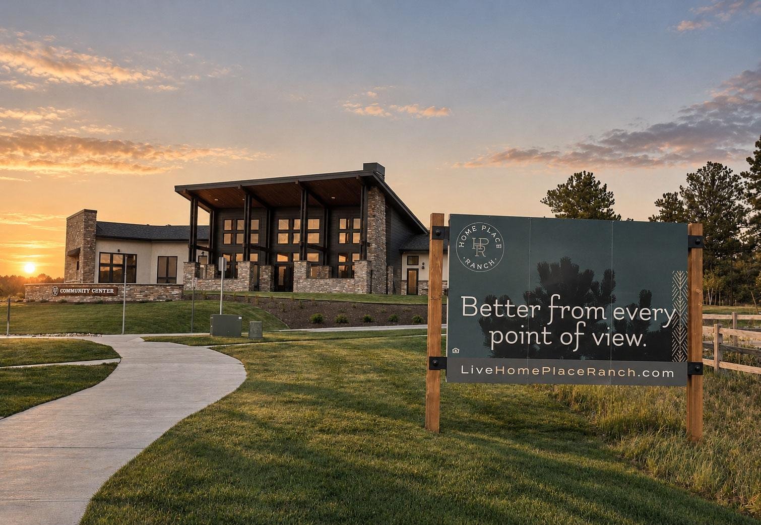 Home Place Ranch community center and neighborhood entrance sign in Monument