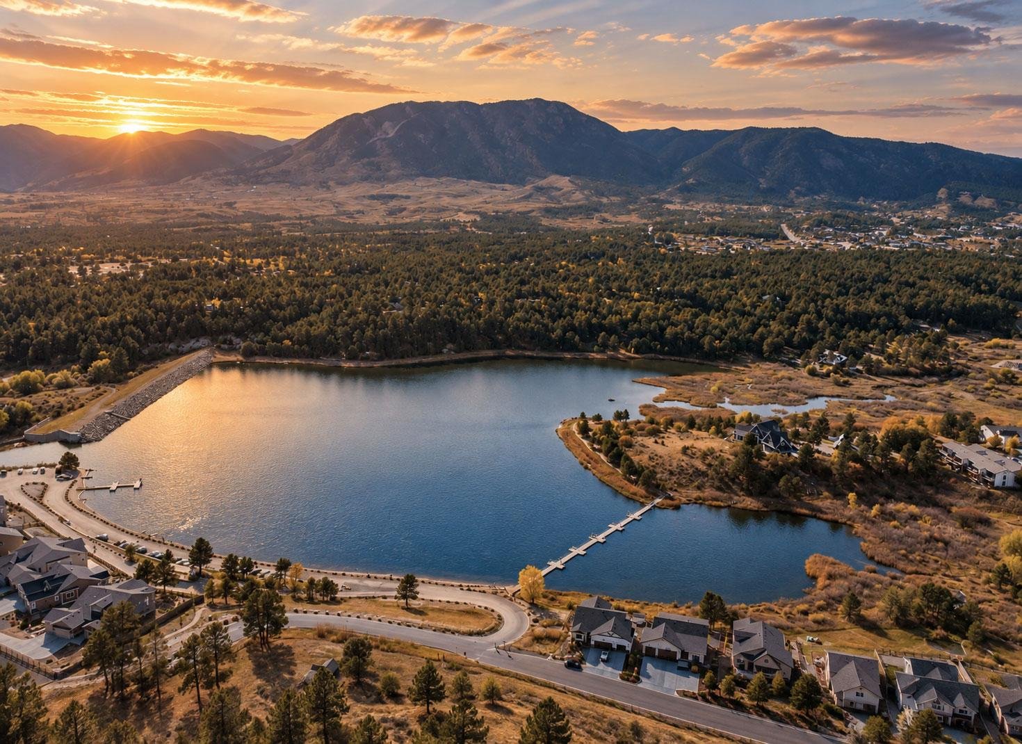Monument Lake, nearby homes, and Mount Herman in the evening