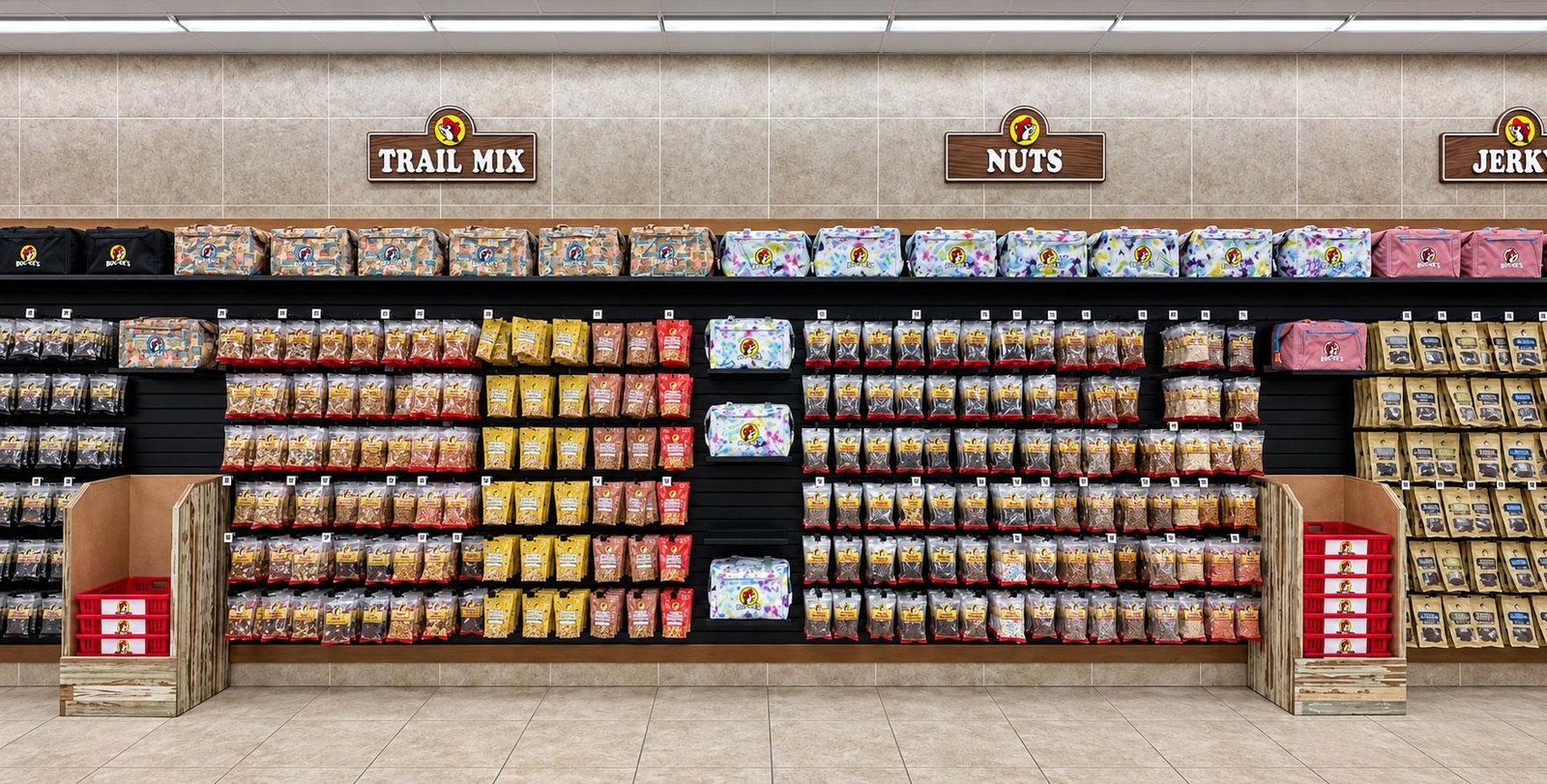Buc-ee's trail mix and nuts retail wall
