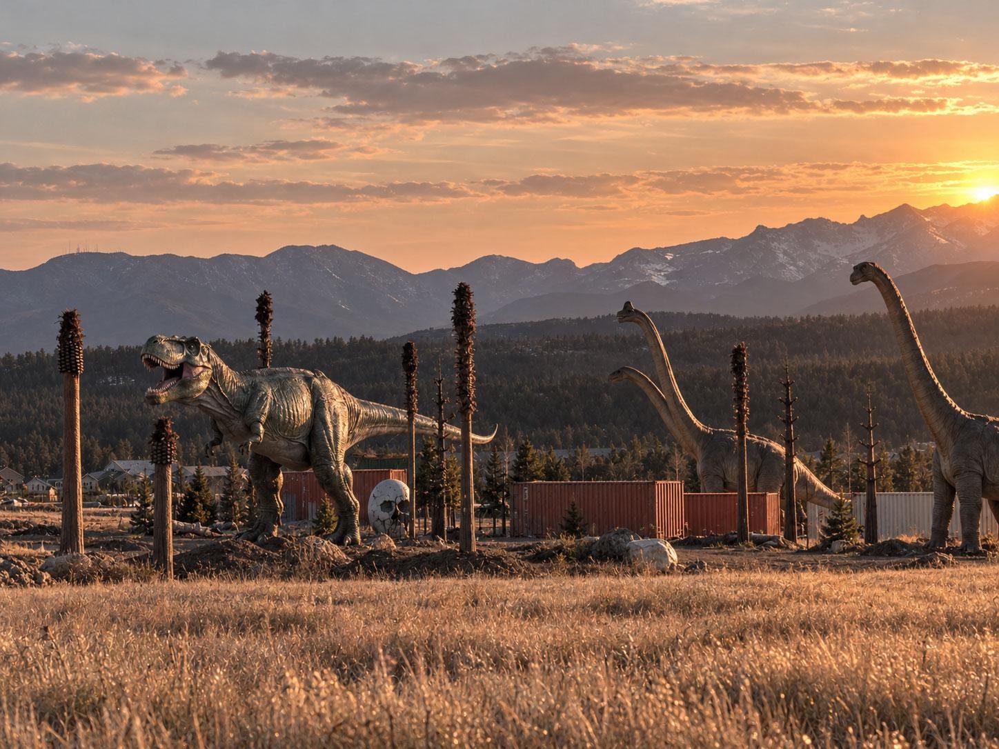 Dinosaur installations in the open field west of I-25 near the future Lost Island II adventure park