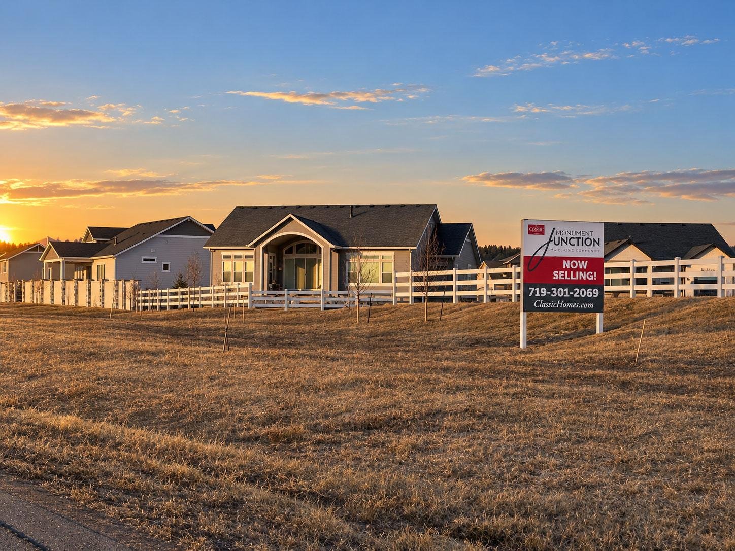 New homes in Monument Junction at golden hour in Monument Colorado