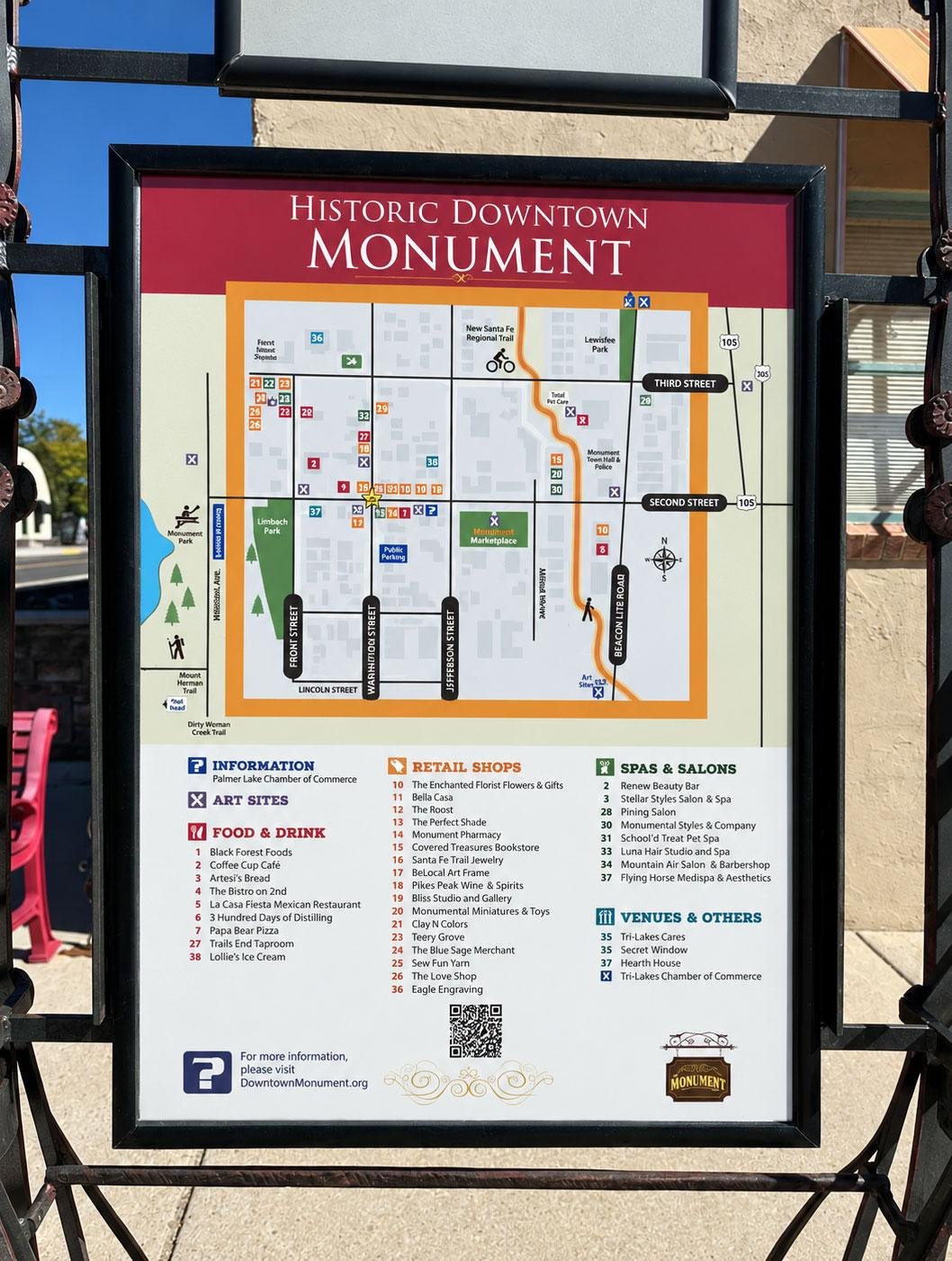Photograph of the Historic Downtown Monument orientation map showing Second Street, Third Street, Front Street, Washington Street, Jefferson Street and nearby parks.