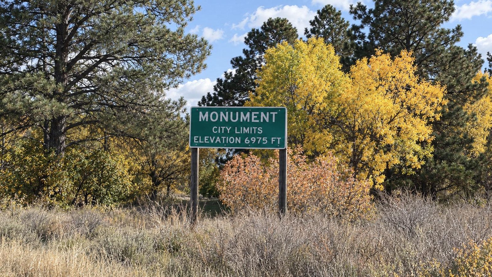 Town of Monument city limits and elevation sign with Colorado mountain scenery