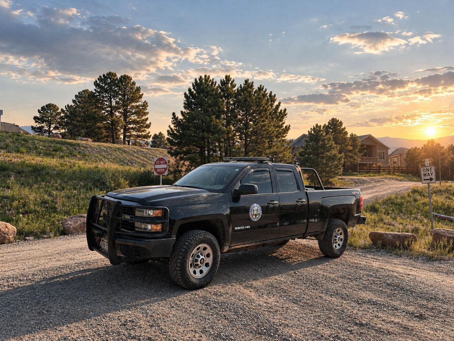 Monument Lake area photograph with a Colorado Parks and Wildlife vehicle and mountain setting