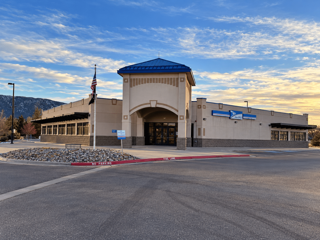 Monument Colorado Post Office photographed at golden hour