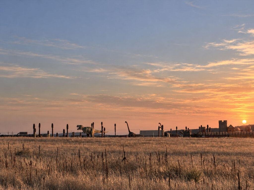 Dinosaur figures at the Lost Island II planned adventure park near I-25 and Old Denver Road in Monument Colorado